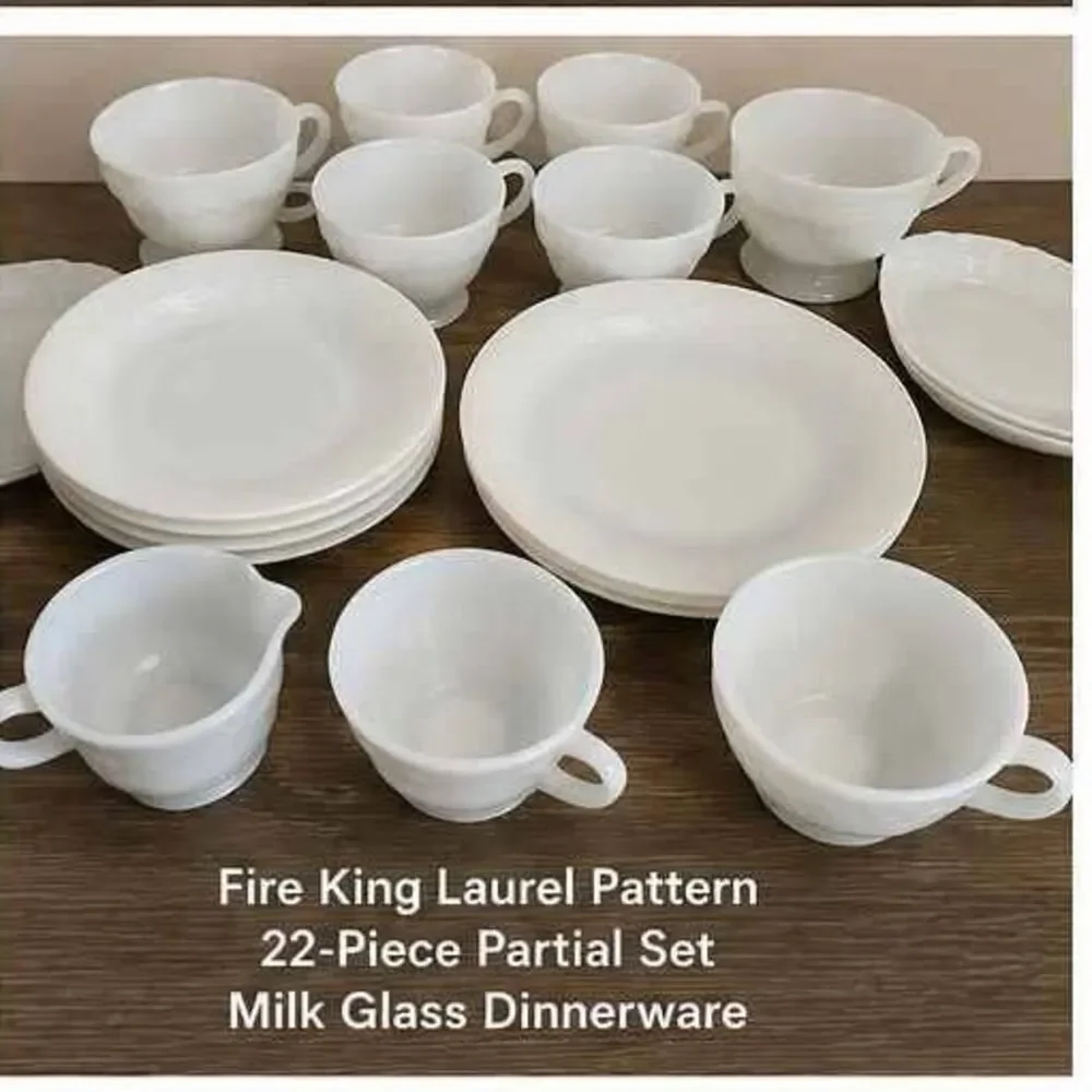 Vintage Fire King Laurel Milk Glass Dinnerware Set - 22 Pcs